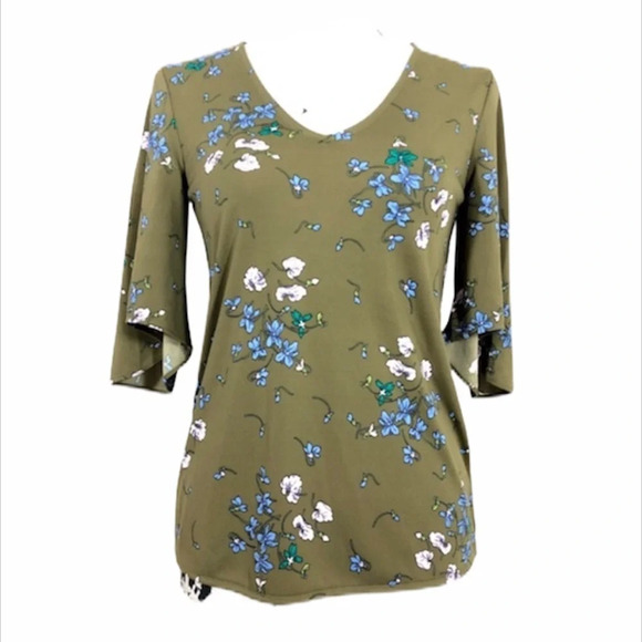 Ann Taylor Green Floral Print‎ Draped Sleeve Top - Picture 1 of 8